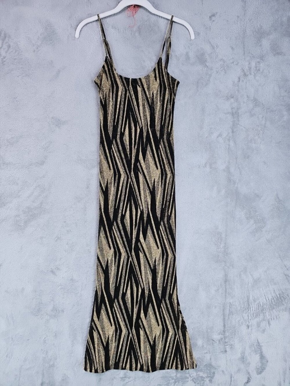 OPT Dress Womens XS Black Gold Geometric Glitter Slip Maxi Party Bodycon Mesh